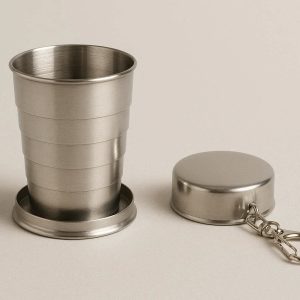 10 Telescopic Stainless Steel Travel Cup with Keychain Lid Portable Folding Metal Drinking Glass for Outdoor Camping Hiking Picnic Spirit Cup Silver