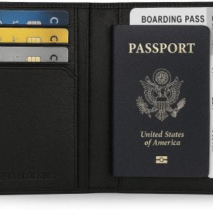 17 RFID Blocking Leather Passport Holder Cover with Credit Card Slots Slim Travel Wallet for Men and Women Boarding Pass Organizer Case Black