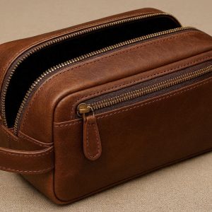 Leather Dopp Kit for Men Premium Toiletry Bag for Shaving and Grooming Large Capacity Travel Bag with Double Zipper Wide Opening Brown