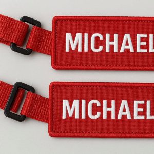 6 Personalized Embroidered Luggage Tags with Velcro Straps Set of 2 Heavy Duty Fabric Bag Labels for Duffel Bags and Backpacks Red Design