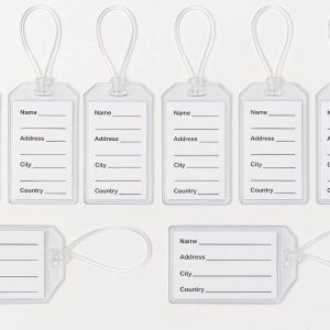 7 Waterproof Plastic Luggage Tags with Clear Loops Set of 10 Bulk Suitcase Labels with Printed Information Cards for Group Travel and Tours