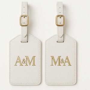 8 Luxury Monogram Luggage Tags with Gold Buckles Set of 2 Premium Faux Leather Suitcase Labels for Honeymoon Couples and Anniversary Gifts White