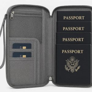 18 Family Passport Holder Organizer Case for 4 Passports Large Travel Wallet with Zipper Closure and Wrist Strap Waterproof Fabric Gray Color