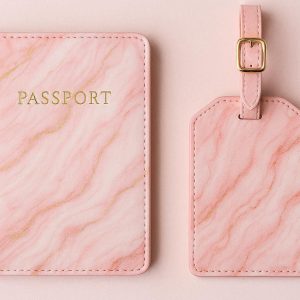 19 Cute Passport Holder and Luggage Tag Set for Women Travel Accessories with Marble Pattern Passport Cover and Matching Bag Label Pink Design