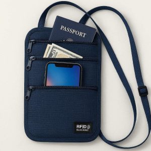 23 Crossbody Passport Holder Bag with RFID Blocking Small Travel Neck Pouch for Passport Cash and Smartphone Security for Men and Women Navy