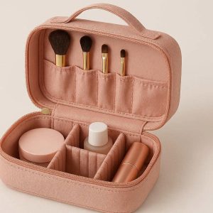 Compact Travel Toiletry Bag for Women Small Cosmetic Pouch with Dividers and Brush Slots Portable Makeup Organizer with Top Handle Pink