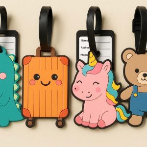 4 Cute Cartoon Luggage Tags for Kids Suitcases Set of 4 Fun Silicone Bag Labels with Address Cards for School Backpacks and Family Travel